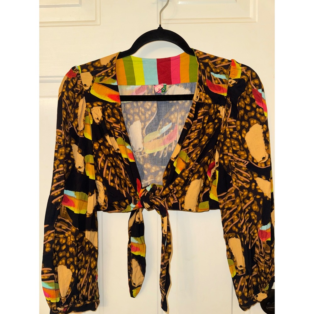 Farm Rio Womens Toucan Print Tie Front Crop Top Long Sleeve Multi Color Size P